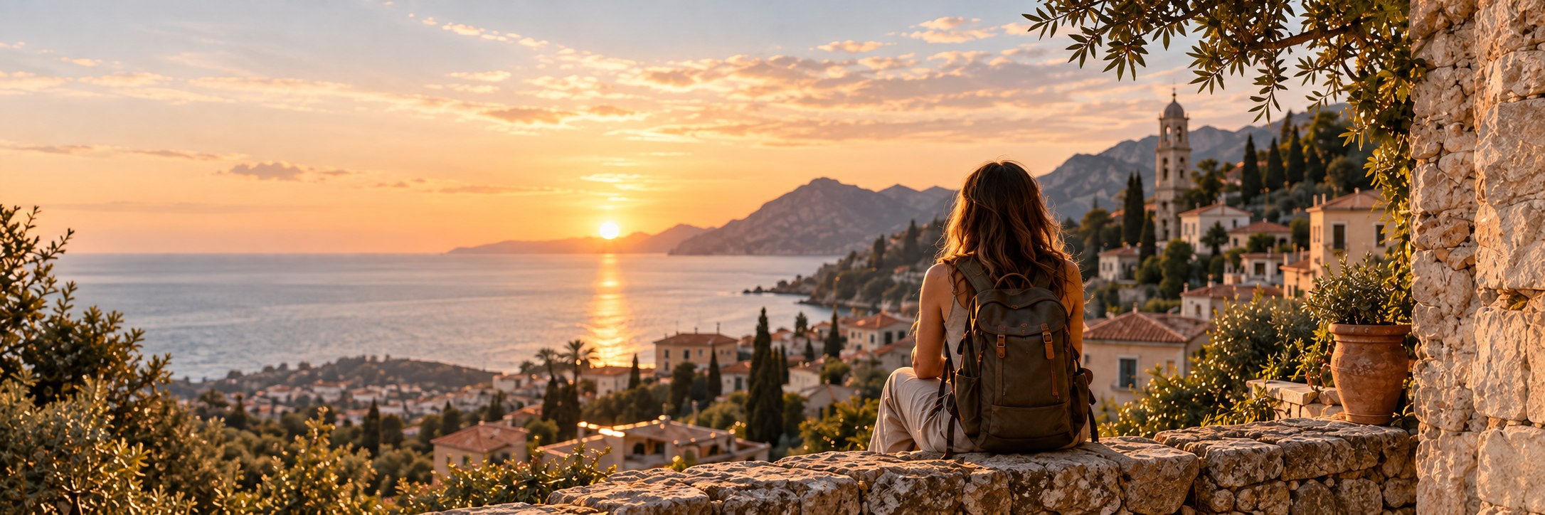 A traveller with a backpack overlooking a coastal village and the sea at sunset