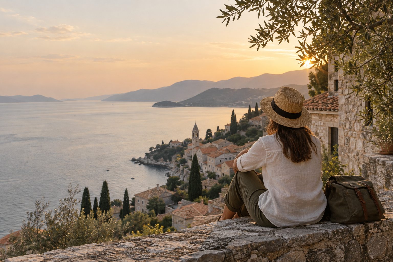 A traveller looking out over a Mediterranean village